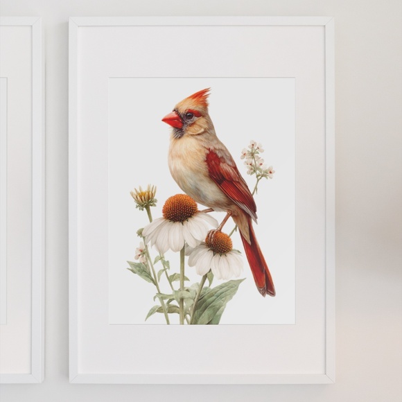 Watercolor Female Cardinal Bird with Flowers Wall Art Print Unframed - Picture 7 of 7